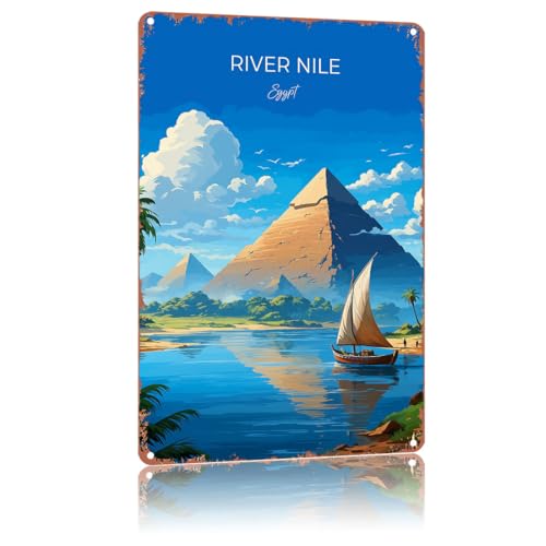 NOPLKL River Nile Travel Poster Egypt Metal Signs,City Scenery Poster Home Wall Decor, Suitable For Bedroom, Living Room, Bar, Kitchen And Dining Room,Plaque 8 X 12 Inch
