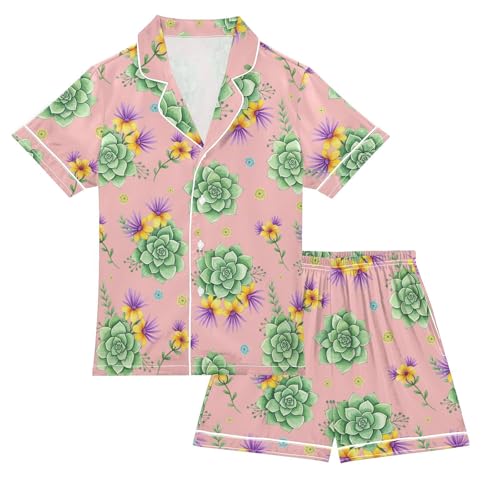 Satin Pajama Sets Short Sleeve Succulent Floral Pattern Print Button Down Silky Nightwear 2 Piece PJS 5-14Y