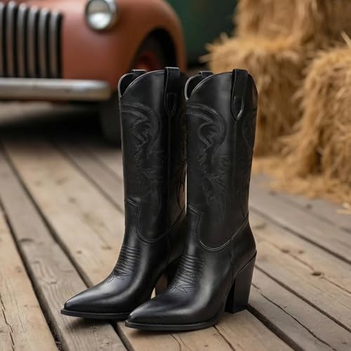Image of ISNOM Cowboy Boots Cowgir Boots for Women, Pointed Toe Chunky Heel Western Boots