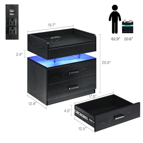 TC-HOMENY-Floating-Nightstand-with-2-Drawers-LED-Nightstand-with-Voice-Activated-Mode-Side-Table-End-Table-with-Charging-Station-Black