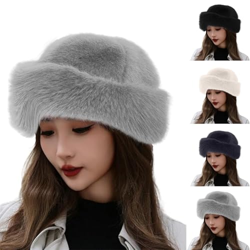 EQWIGKEIT Gorro ruso elegante para mujer, gorro de piel suave, gorro de invierno, gorro de felpa, gorro de pelo cálido, gorro de ruso, gorro cosaco, A3 gris claro, Talla única
