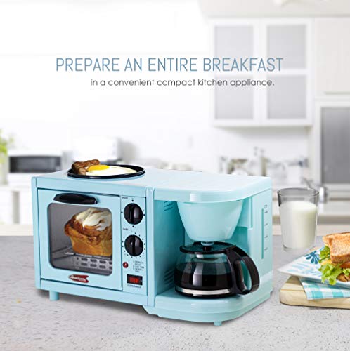 Elite Gourmet Retro Nostalgia 3-in-1 Breakfast Maker Station 4 Cup Coffeemaker, Toaster Oven with Timer, Griddle, Aqua