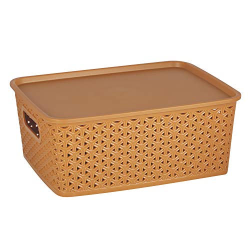 Image of Ski Homeware H5 Fashion Multipurpose Storage Basket With Lid Use for Kitchen, Vegetables, Toys, Books, Office, Stationery, Utility, Cosmetics, Accessories, Closet, Wardrobe Set 3 (Large, Light Brown)