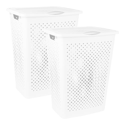 Superio 2-Pack Gradient Hamper with Lid - 60L, Modern Design, Perforated, Slim & Sturdy, Ergonomic Handles - White