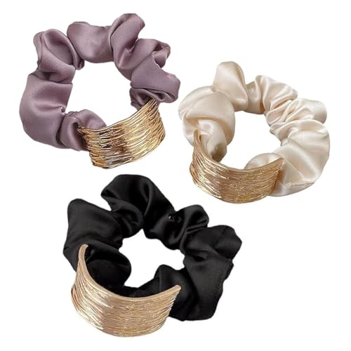 ヘアゴム 白色 + 黒色 + 豆沙粉 欧米風 エレガント メタルアーチ 大腸シュシュ シンプル 丸子頭 ポニーテール 髪飾り 3 個セット レディース おしゃれ 髪ゴム ヘアアクセサリー (3pcs)