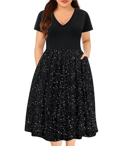 RITERA Plus Size Dresses for Curvy Women Short Sleeve Summer Dress V Neck High Waisted Womens Patchwork Casual Dress XL-5XL