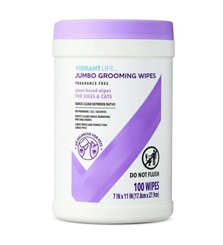 Vibrant Life Jumbo Grooming Wipes for Dogs & Cats, Fragrance Free ~ 100 Wipes ~ 1 Pack.