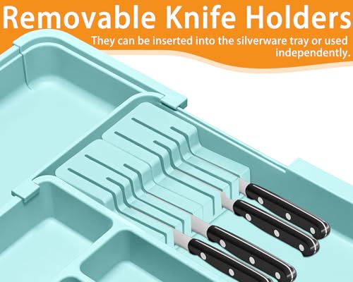 Homecor Silverware Organizer - Expandable Large Kitchen Drawer Organizer Utensil Organizer with 2 Knife Block Inserts, 22"x 19"Cutlery Tray with Drawer Dividers for Kitchen Flatware (Turquoise) - Thumbnail 4