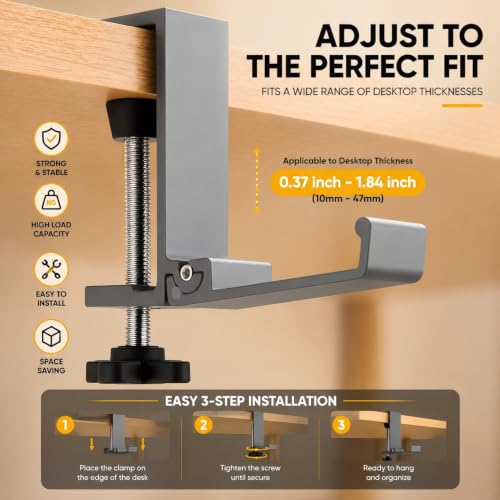 Image of Headphone Stand, Foldable Headset Hanger - Removable Headphone Holder Hook Mount, Adjustable PC Gaming Headset Stand Holder Clip Under Desk Clamp for Airpods Max, HyperX, Sennheiser