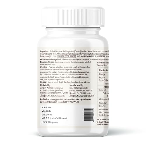 Image of CareBear Omega 3 Fish Oil 1000 mg (Bottle of 30 capsules) | Supplement for Men & Women | 360 mg EPA, 240 mg DHA | Independently lab tested | Supports Heart and Muscle health | No Fishy Burps | Perfect for daily consumption