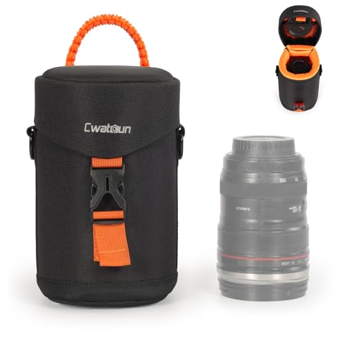Cwatcun Camera Lens Case, Hard Case Shockproof DSLR Camera Lens Pouch with Shoulder Strap, Water Resistant Camera Lens Bag for Nikon, Sony, Fuji, Canon and Other Lens Below 3.03" x 5.71"(D x L)