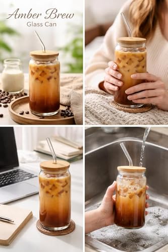 Image of 400ml Glass Sipper Mug with Leather Grip Sleeve - Leak-Proof Lid & Straw | Reusable Tumbler for Hot & Cold Beverages, Water, Juice, Coffee | Home, Bar, Office Use (Wooden LID CAN)