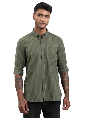 Image of Turtle Men Slim Fit Striped Cotton Linen Spanish Green Casual Shirt