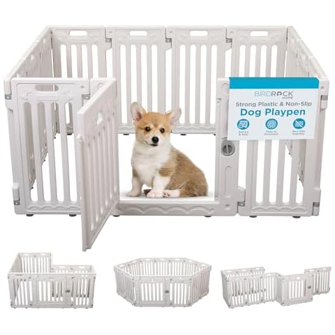 BIRDROCK HOME Dog Playpen w/Door, 12 Panel, 25.6in H | Strong Plastic, Non-Slip Puppy Playpen, Secure Pet Gate | Indoor Outdoor Fence | Configurable Panels | Small to Medium Pets - White Cover