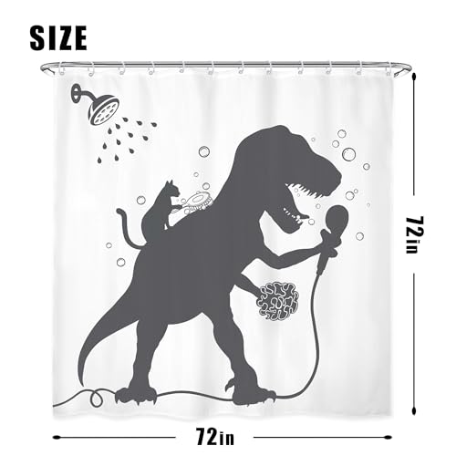Image of 4PCS Kids Funny Dinosaur 71Wx71H Inches Boys Men Dino Cat Animal Shadow Shower Curtain Sets with Rugs, Toilet Lid Cover and Bath Mat, Cute Bath Accessories Art Home Decor Fabric 12 Pack Hooks