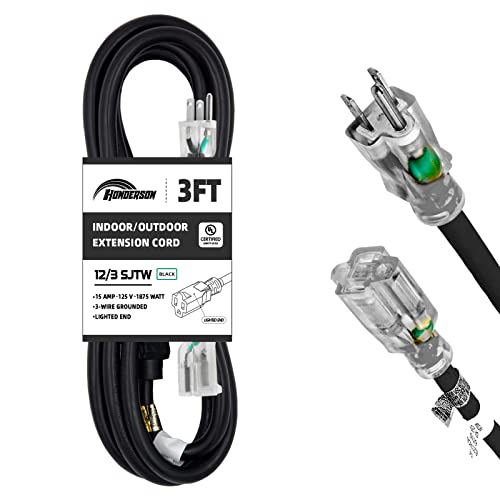 Honderson 3Ft 12/3 Lighted Outdoor Extension Cord - 12 Gauge 3 Prong Sjtw Heavy Duty Black Extension Cable With 3 Prong Grounded Plug For Safety,Ul Listed #TOP5