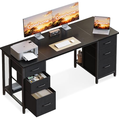 Coleshome Schreibtisch mit 6 Schubladen, 160x52 cm Computertisch, PC Tisch mit Ablageflächen für Home Office, Schwarz