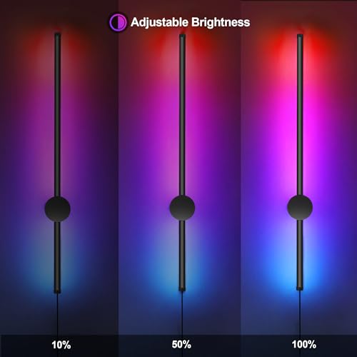 Image of RGB LED Wall Sconces Set of Two with Remote, 15 Color Modes, Dimming, DIY 180 Rotate, Black Plug in Wall Sconces with Warm Light, Dynamic Multicolor Ambience Lights, Plug in Wall Light, 23.6 Inches