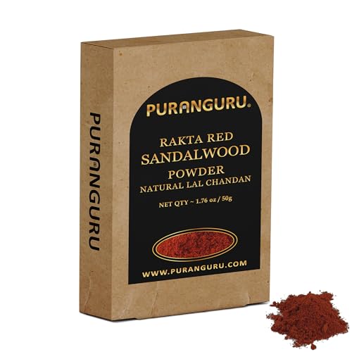 PuranGuru Red Sandalwood Powder | 50g/1.76 oz | Natural Lal Chandan Tikka | Wild Crafted Pterocarpus Santalinus | Rakta Chandana Sinduri Kumkum | Holy Hindu Puja Sindur Dry Tilak | Raktha Chandan Podi