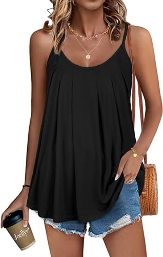 JOELLYUS Tank Top for Women Pleated Spaghetti Strap Camisole Loose Fit Casual Sleeveless Flowy Basic Tops