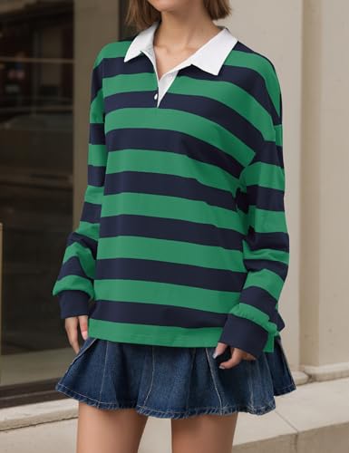 Meladyan Rugby Shirt Women Polo Striped Sweatshirt Oversized Long Sleeve Lapel V Neck Pullover Top Y2K Streetwear Blouses2