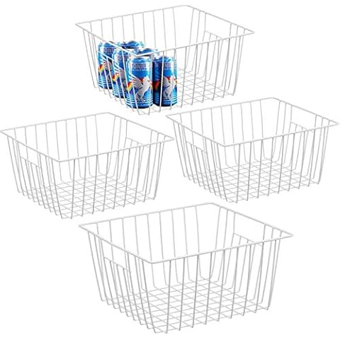 iPEGTOP Refrigerator Chest Freezer Baskets, Large Household Wire Storage Basket Bins Organizer with Handles for Kitchen, Pantry, Freezer, Cabinet, Closets, Pearl White, Set of 4 Cover