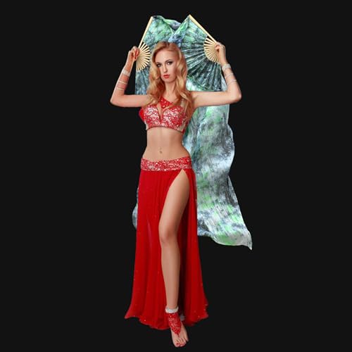 KIKIGOAL 1 Pair(Left+Right) Women Real Silk Belly Dance Fan Veil, Length 180cm Width 90cm (Black Green)