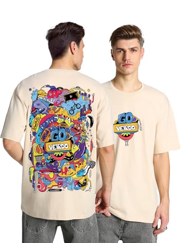 Image of Veirdo Oversized Baggy Fit Pure Cotton Drop Shoulder Half Sleeve & Aesthetic Black & Lilac Back Doodle & Tiger Graphic Printed Round Neck T-Shirt for Men