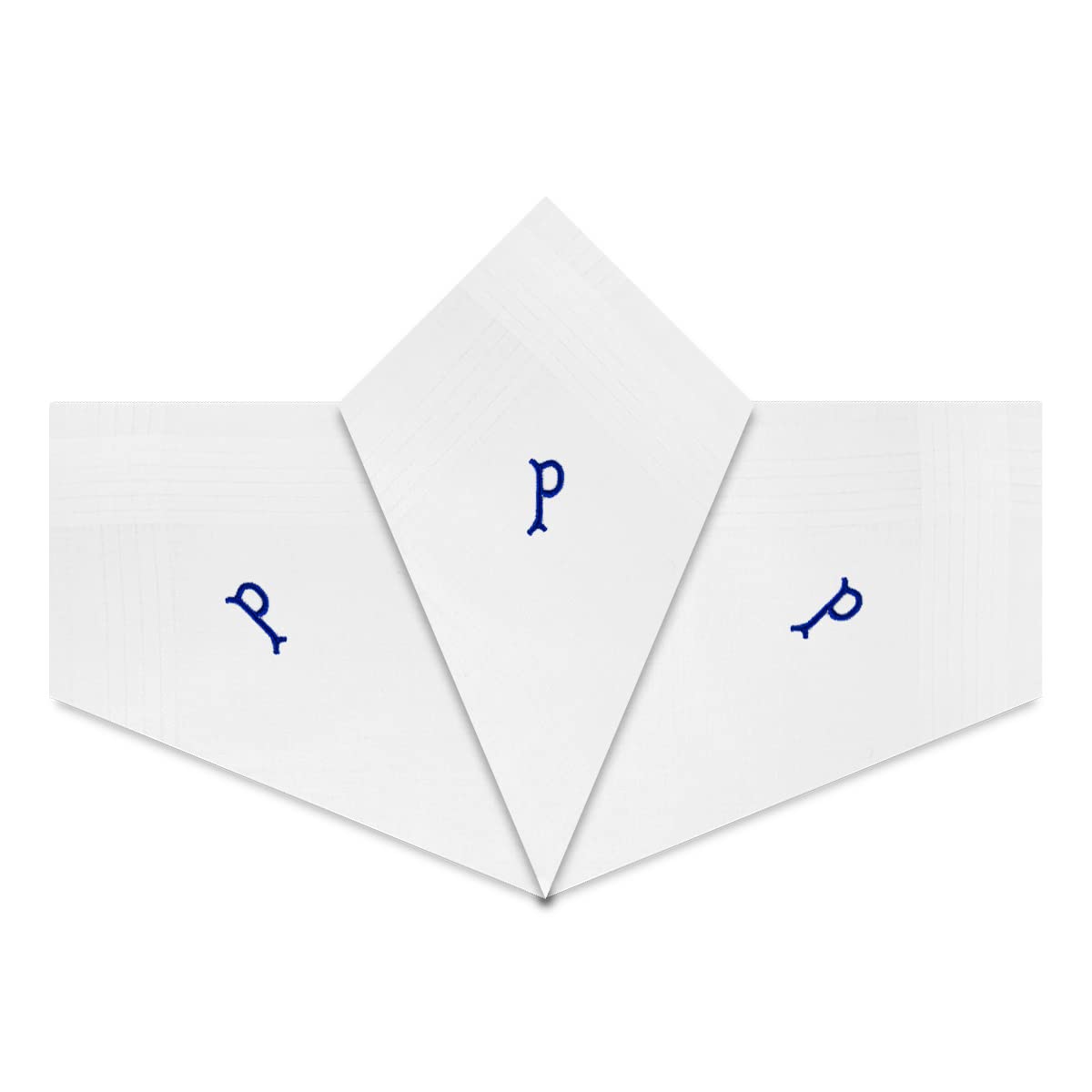 Warwick & Vance 3 Pack Of Mens/Gentlemens White Satin Bordered Handkerchiefs With Blue Embroidered Initials, Letter P