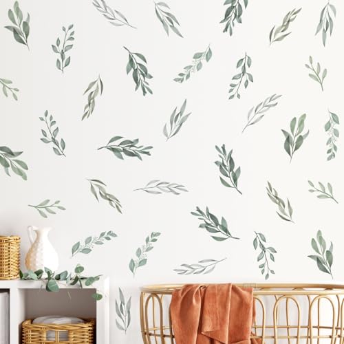 DTLIFEK 10 Sheets Green Leaves Wall Decals Watercolor Botanical Wall Stickers Boho Small Fresh Tree Leaf Wall Art Decal Removable Plant Leaf Wall Murals for Kids Bedroom Nursery Office Home Decoration