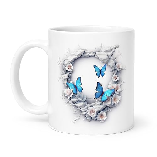 Spomo Blue Butterflies with White Flowers and Gray Stones Nature Inspired Delicate Design Ceramic Mug Floral Pattern Coffee Mug Gift for Nature Lovers