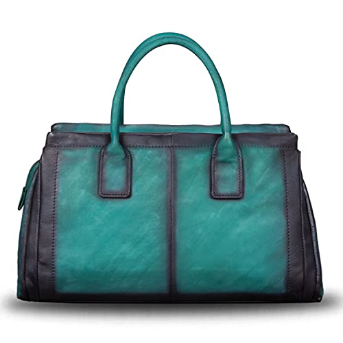 Image of Genuine Leather Top Handle Handbag Satchel for Women Handmade Vintage Handbags Purse Retro Cowhide Crossbody Hobo Bag Purses (Cyan)