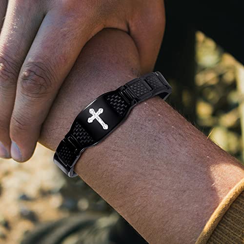 Krfitya Religious Bible Verse Bracelet, Stainless Steel Engraved Inspirational Christian Quote Faith Link Bracelet, Carbon Fiber Cross Jewelry Gift For Men #TOP7