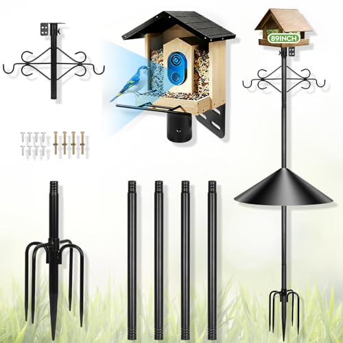 Gbekery 89 inch Double Hooks Heavy Duty Bird Feeder Pole with Squirrel Baffle for Outdoors,5-Prong Base Adjustable Bird House Pole for Smart Camera Birdfeeder,Bluebird House
