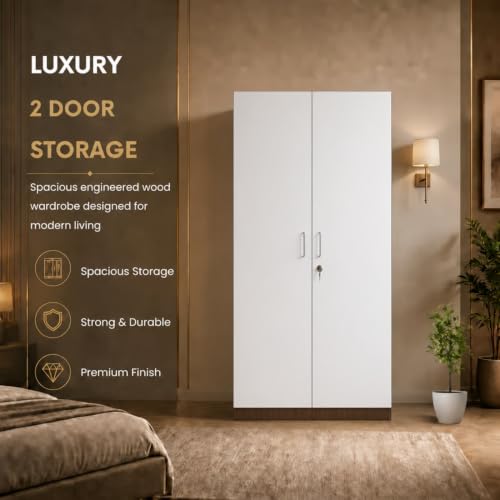 Image of GRATUS 2 Door Wardrobe - Compact Engineered Wood Cupboard Without Drawer for Clothes Storage, Small Bedroom Organizer - 180 x 70 x 45 cm Classic White