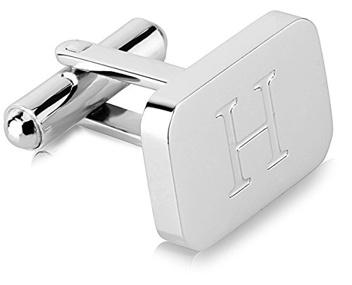 18K White-Gold Plated Initial Engraved Stainless Steel Men’s Cufflinks With Gift Box -Personalized Alphabet Letter’s A-Z By Lux & Pair (H- White Gold) #TOP2