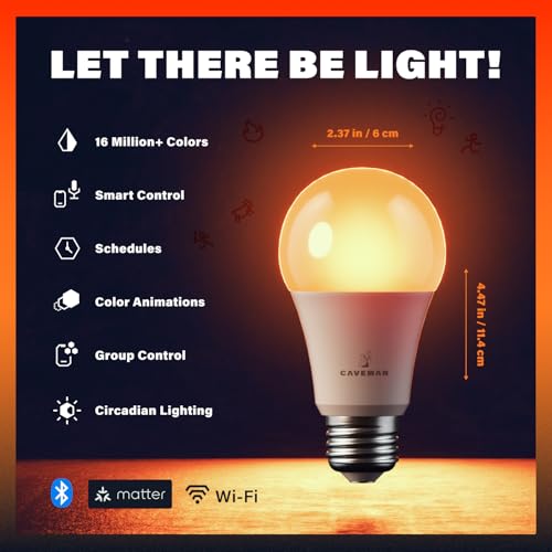 Caveman Matter & WiFi A19 Smart LED Light Bulb, RGBW Color Changing, Tunable Warm & Cool White 800LM (60W Equivalent) – Alexa, Google Home, Apple Home Bulb (2pk) - Image 3