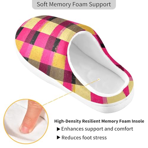 JUNZAN Buffalo Plaid Check Hot Pink Gold Women Home Cotton Slippers Breathable Memory Foam Bedroom Shoes for Spa Funny Presents 6-72
