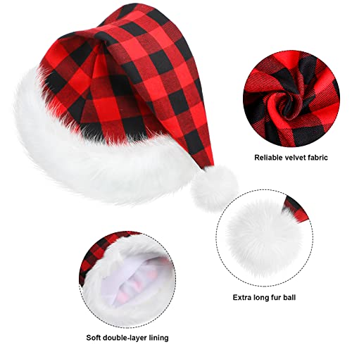 SATINIOR 6 Pieces Santa Hat Christmas Hat Claus Xmas Hat for Adults Unisex with Lining Plush Brim for Christmas New Year Party (Buffalo Plaid,Adult Size) - Image 3