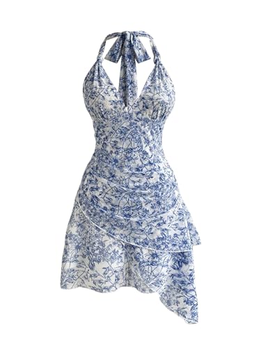 Image of BEAUDRM Women's Summer Mini Dress Halter Backless Vacation Beach Sundresses | Boho Dress, Floral Dress for Women, Vacation Beach Outfits, Going Out Dress, Brunch Outfits