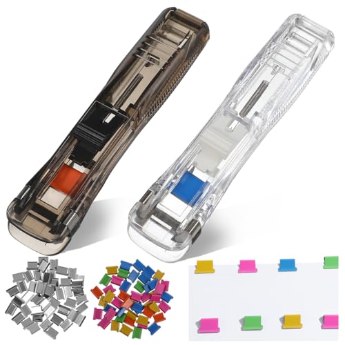Image of Housoutil Portable Binder Clip Stapler, 2 Pack Mini Push Stapler Handheld, Mini Push Clamp Dispenser with Reusable 50PCS Colorful and 50PCS Silver Clip for Fixing Documents Home School Desk Office