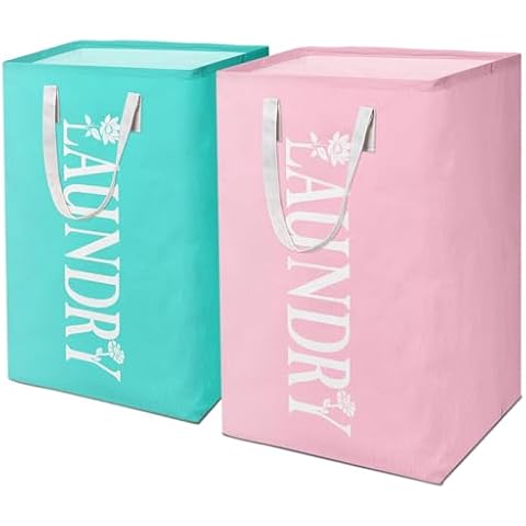 2-Pack 75L Laundry Hamper Collapsible Waterproof Laundry Basket with Easy Carry Handles Freestanding Tall Clothes Hampers for Laundry Bedroom Bathroom (Pinkish-green with Flowers) Cover