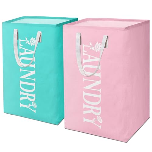 Wäschekorb, zusammenklappbar, wasserdicht, mit einfachen Tragegriffen, freistehend, hohe Wäschekörbe für Waschküche, Schlafzimmer, Badezimmer, 2 Stück