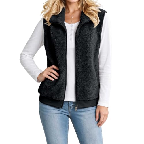 Womens Sherpa Fleece Vest Zip Front Stand Collar Ribbed Hem Casual Layering - image 1