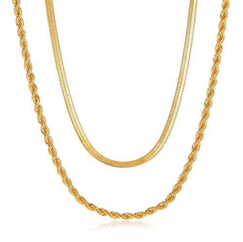 Chesky Layered Herringbone Necklace For Women, 14K Gold Plated Double Snake Chain Necklaces Dainty Gold Link Rope Chain Necklace Set For Women Teen Girl Jewelry Gifts #TOP6