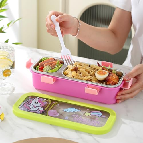 Image of Kids Lunch Box with 3 Compartments | 500ml Astronaut Cartoon Print Stainless Steel Bento Box for School | Leak-Resistant, BPA-Free Food Container Tiffin for Boys & Girls - Blue