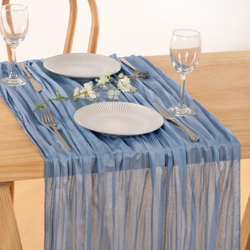 Image of MLMC Dusty Blue Table Runner 10ft Boho Gauze Blue Cheesecloth Table Runner Rustic Cheese Cloth Centerpiece 35x120 Inches for Wedding Bridal Shower Baby Shower Party Decor