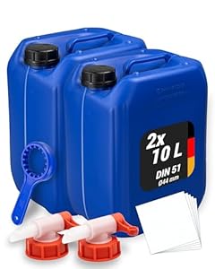 Trevendo 2er-Set Wasserkanister - Kunststoffkanister (10 Liter, DIN 51, Ø44 mm, blau) - lebensmittelecht & BPA-frei - inkl. Deckel, 2 Auslaufhähne, Ringschlüssel & 5 Beschriftungsetiketten