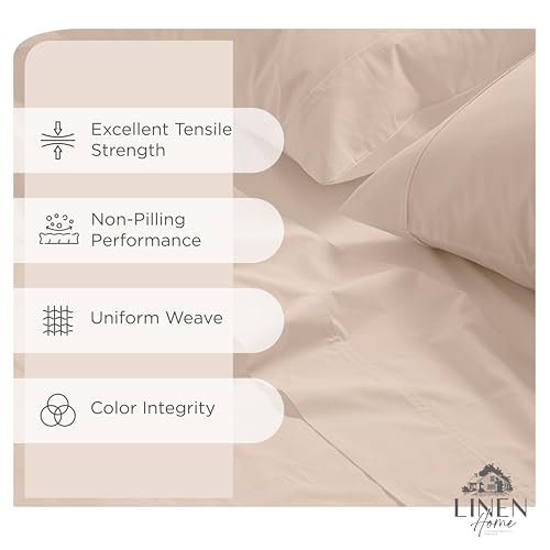 Image of Linen Home 100% Cotton Percale Sheets Full Size, Sand Shell, Deep Pocket, 4 Pieces Set - 1 Flat, 1 Deep Pocket Fitted Sheet and 2 Pillowcases, Crisp Cool and Strong Bed Linen