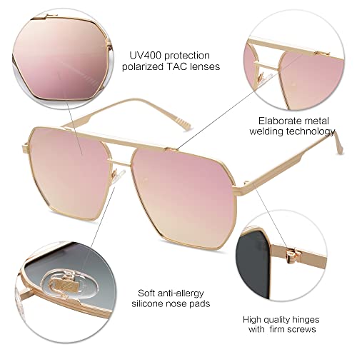 Image of SOJOS Retro Oversized Square Polarized Sunglasses for Women and Men Vintage Shades Classic Large Metal Sun Glasses, Shiny Gold, 60-14-145